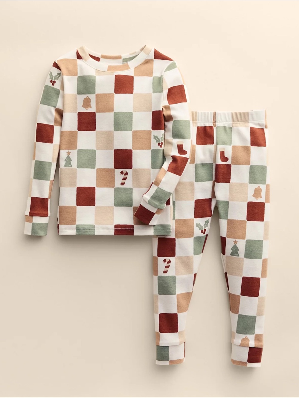 Kids Holiday Checkered Pajama Set - White, Green, Red, Beige - 9M